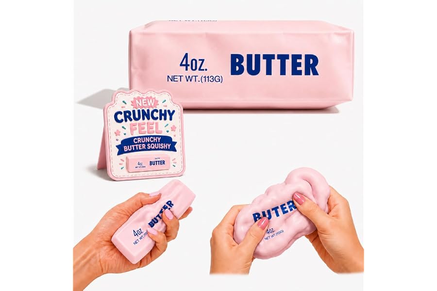Crunchy Butter Squishy, Soft Squeeze Sensory Fidget Toy with Crunchy ASMR Texture, Butter Stick Stress Relief Toy, Fun Novelty Gift for Kids Teens and Adults, Pink