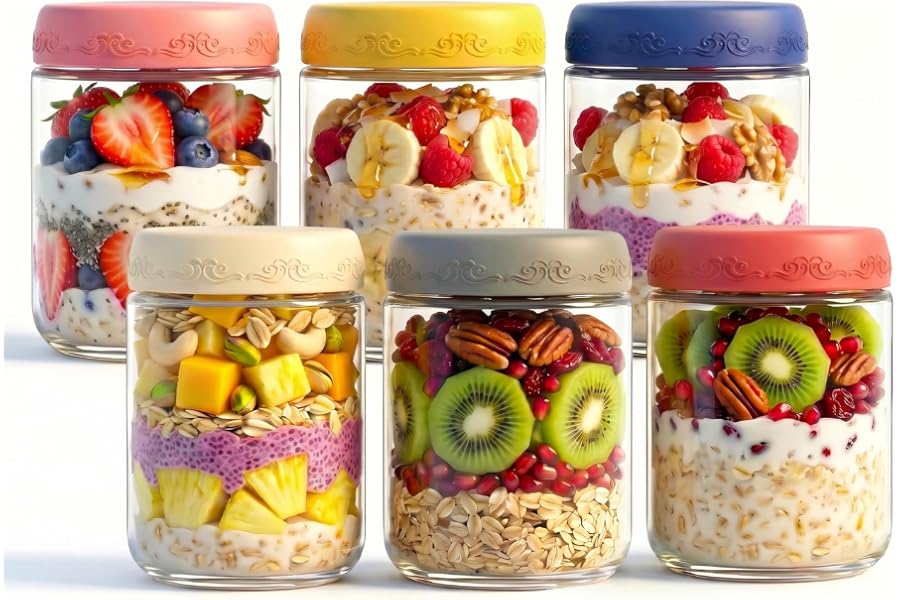 DicraoLea 6-pack 16 oz Overnight Oats Containers with Lids | Mason Jars with Airtight Lids, Wide mouth Mason Salad jars, Yogurt Parfaits, Smoothies, Salads (16oz - 6pcs)