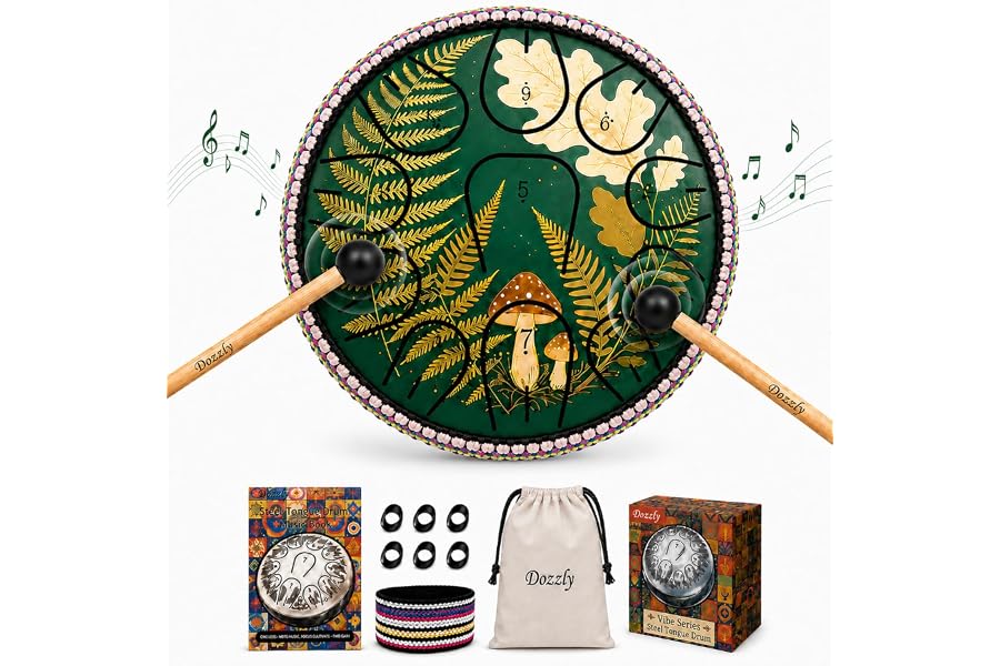 Dozzly 6-Inch 11-Note Rain Drum for Garden, Printed Steel Tongue Drum with Engraved Notes, Mallets, Finger Picks, Music Book and Bag, Percussion Instrument for Relaxation, Camping & Gift(Green)