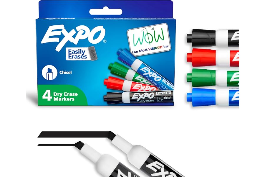 EXPO Dry Erase Markers, Low Odor Ink, Assorted Colors, Chisel Tip, 4 Count - Whiteboard, Calendar, Organization, Essential Supplies for Office, School, Classroom, Teachers