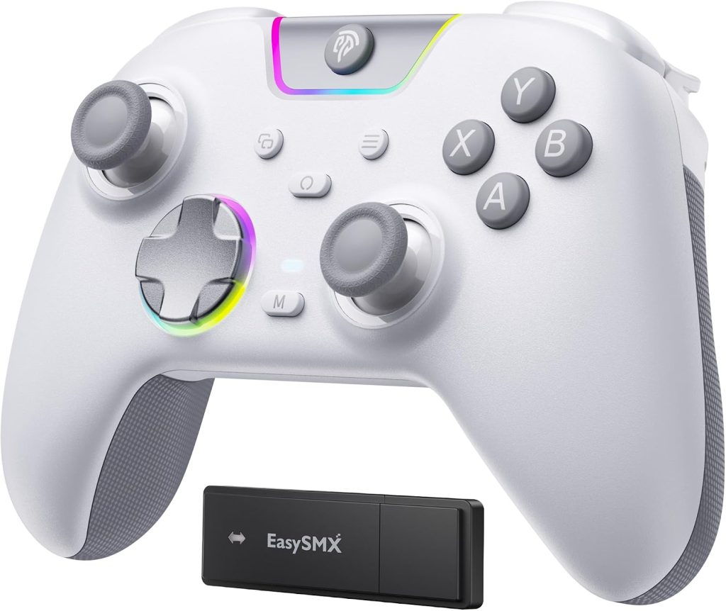 EasySMX X05 Pro Mando Inalámbrico para PC – Botones Silenciosos Mejorados, Gatillos de 2 Etapas, Joysticks Hall, Sondeo 1000Hz, Batería 1000mAh, 2.4G, Multiplataforma PC/Switch/Android/iOS, Blanco