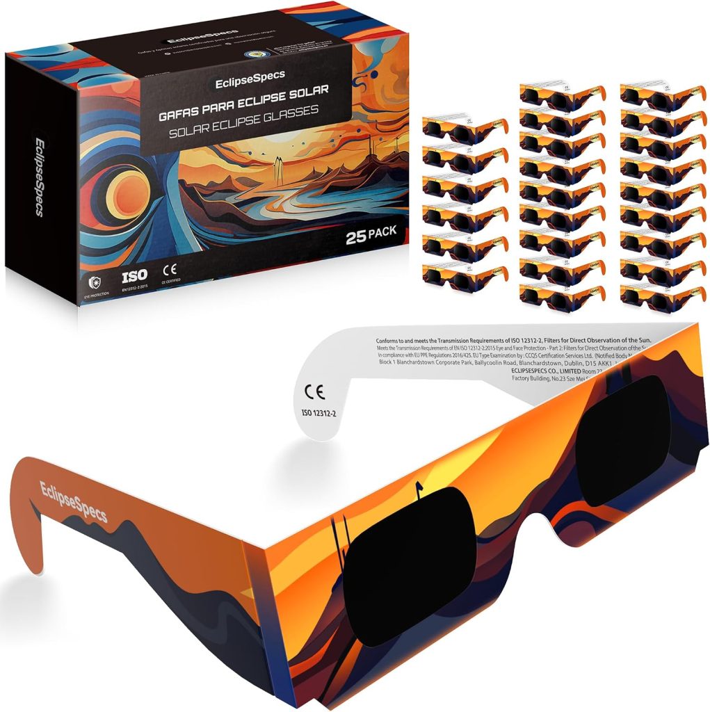 EclipseSpecs Gafas Eclipse Solar Homologadas, CE y EN ISO 12312-2 | EPI (UE) 2016/425 Cat. II | Protección UV/IR | Cumple 4/4 criterios OVAE | Adultos/Niños | Cartón | Packs 3/5/10/25