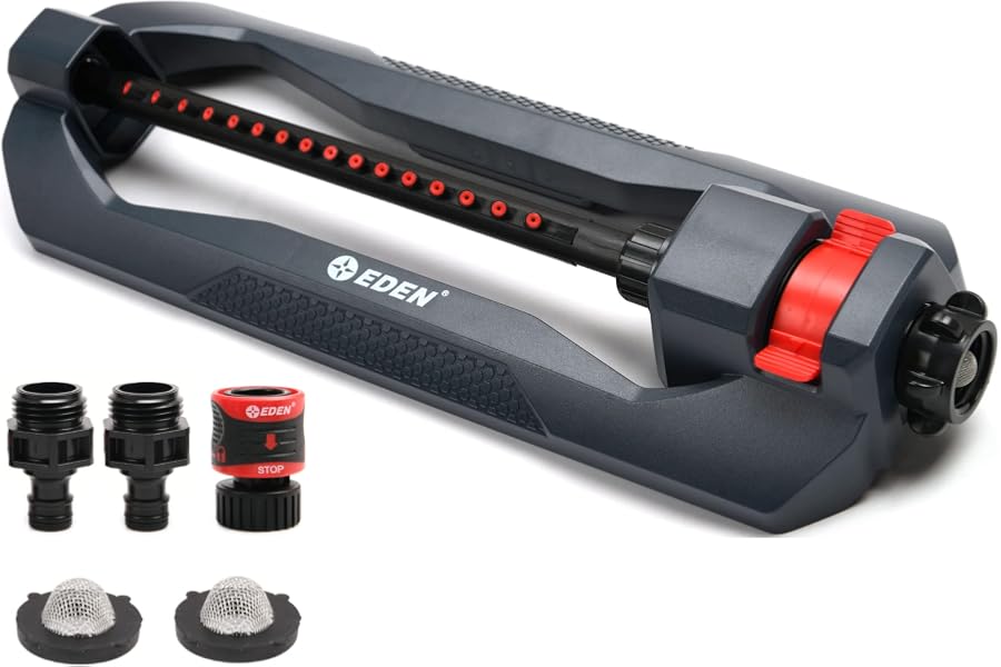 Eden 96213EDAMZ Weighted Essential Oscillating Sprinkler | Covers Up to 3,600 sq. ft., 16 Precision Nozzles, Adjustable Range, Turbo Drive Motor, Quick Connect Bundle, Stainless Steel Filters, Black