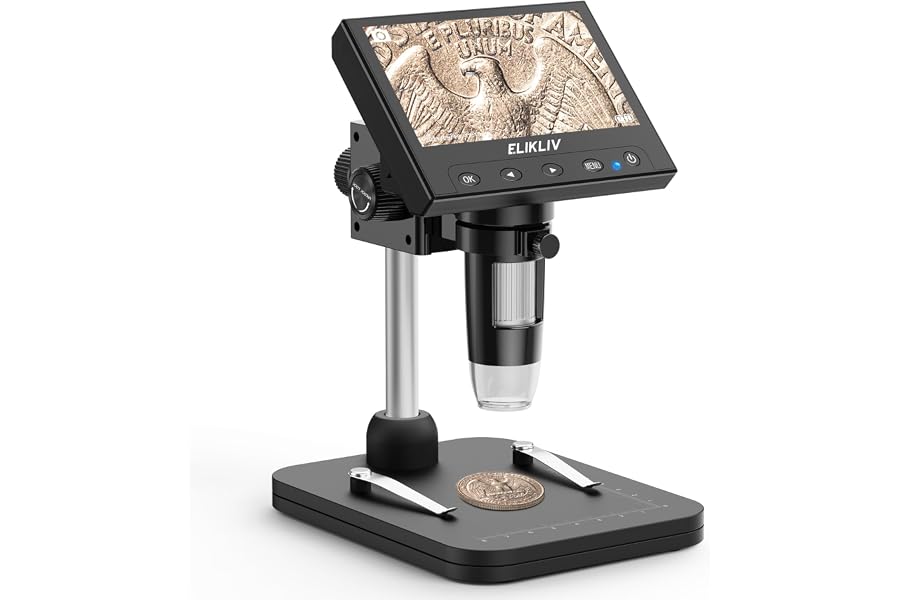 Elikliv Coin Microscope, 4.3'' LCD Digital Microscope 1000x | Coin Magnifier with 8 Adjustable LED Lights, PC View Compatible with Windows/Mac, EDM4B, Black