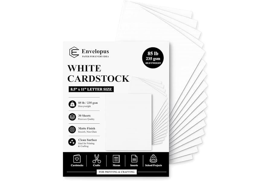 Envelopus White Cardstock Paper, Card Stock Paper 8.5 x 11, 30 Sheets_85 lb | Cardstock Printer Paper 8.5" x 11", Smooth Matt