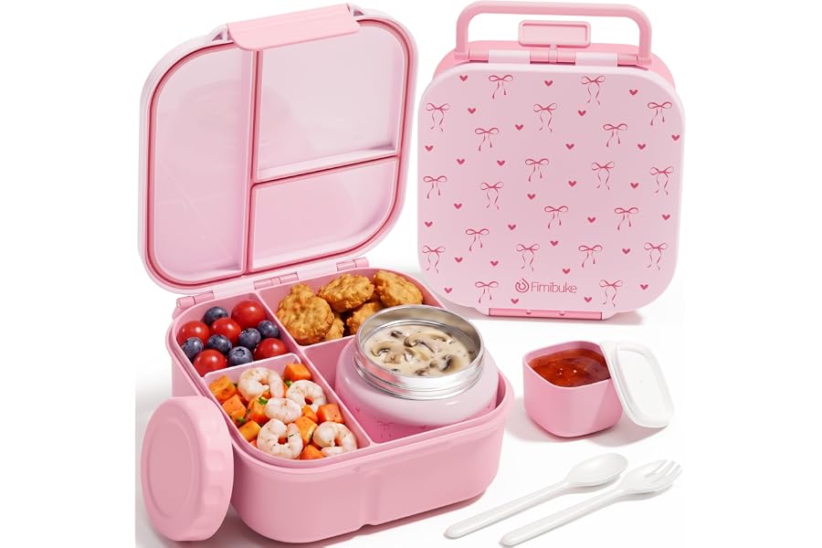 Fimibuke Bento Box for Kids, Toddler Lunch Box with 8.5oz Thermo Food Jar | Leak Proof 3-4 Compartment 60oz Lunch Food Contai