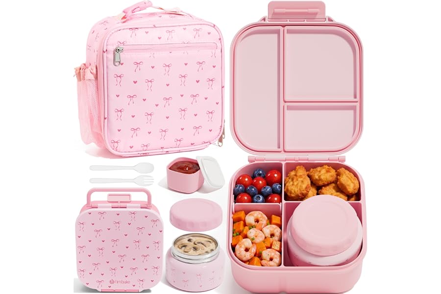 Fimibuke Kids Bento Lunch Box w/ 8.5oz Thermo Food Jar, Insulated Lunch Bag | Leak Proof 3-4 Compartments 60oz Toddler Lunch
