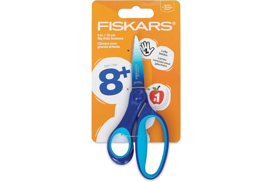Fiskars 6" Left-Handed Big Kids Scissors, Ages 8-11, Ombre Blue-Turquoise | Scissors with Safety Edge Blades for School or Cr