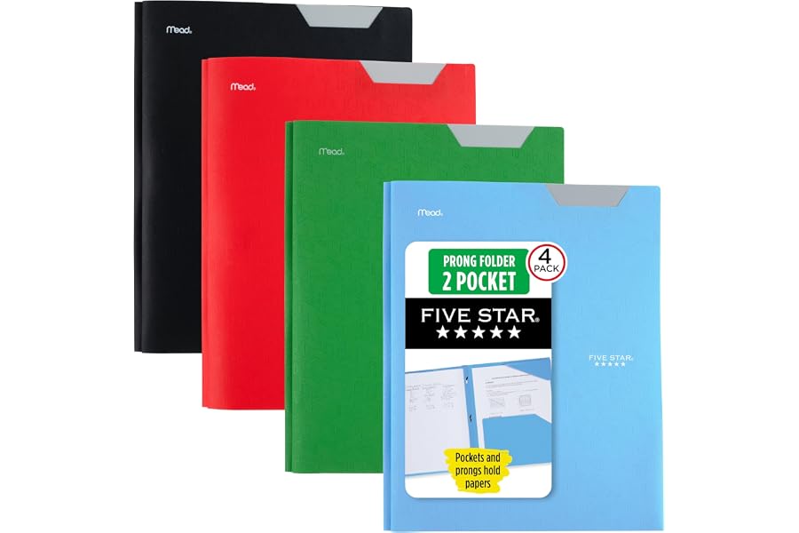Five Star 2-Pocket Plastic Folder with Stay-Put Tabs and Prong Fasteners, Holds 8.5" x 11" Paper, Assorted Colors, 4 Pack (340300A)