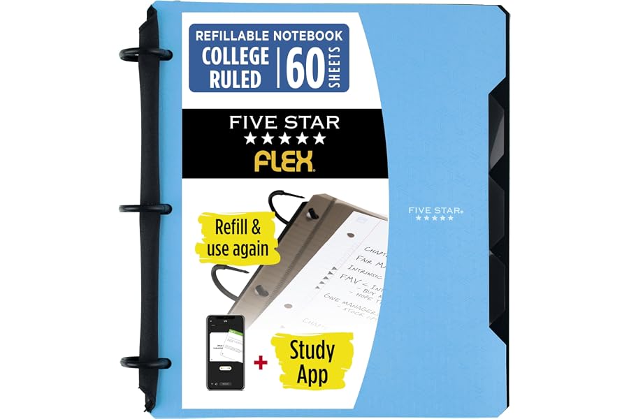 Five Star Flex Refillable Notebook + Study App, College Ruled Paper and 1 Inch TechLock Ring Binder with Pockets, Tabs and Dividers, 200 Sheet Capacity, Pacific Blue (293280AD2)
