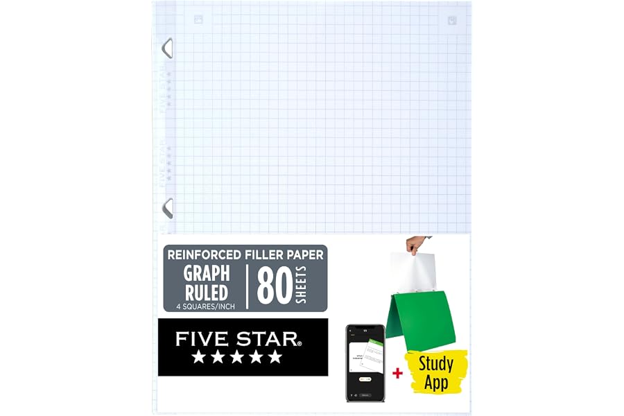 Five Star Loose Leaf Paper + Study App, Graph Ruled Filler Notebook Paper, Reinforced, Fights Ink Bleed, 8-1/2" x 11", 80 Sheets (170122)