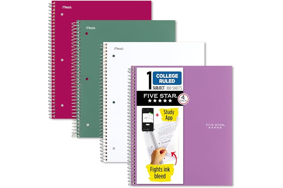 Five Star Spiral Notebook + Study App, 100 Sheets, 1 Subject, College Ruled Paper, Fights Ink Bleed, Water Resistant Cover, 820337-ECM, Purple, Pink, White & Green, 8-1/2" x 11", 4 Pack