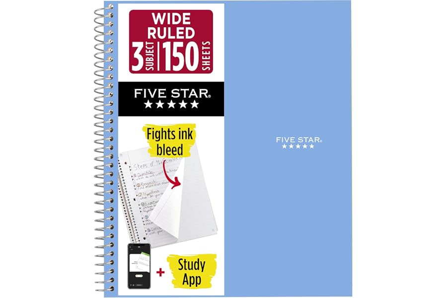 Five Star Spiral Notebook + Study App, 3 Subject, Wide Ruled Paper, 8" x 10-1/2", 150 Sheets, Fights Ink Bleed, Water Resistant Cover, Tidewater Blue (73184)
