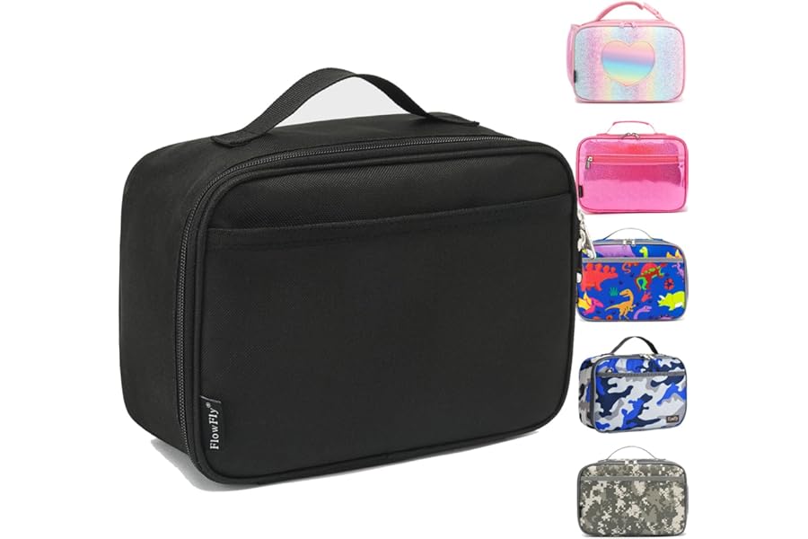 FlowFly Kids Lunch box Insulated Soft Bag Mini Cooler Back to School Thermal Meal Tote Kit for Girls, Boys, Black