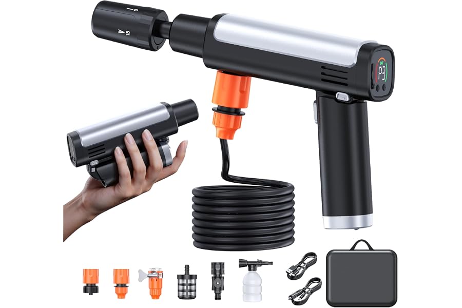 Foldable Pressure Washer Portable Battery Washer | with 5-in-1 Nozzle, 3 Levels & LCD Display, Handheld Washer for Car, Bike, Patio & Camping