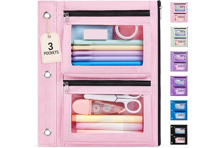 Forvencer Pencil Pouch for 3 Ring Binder, 3-Pocket Zipper Pouch with 2 Front Expandable Pockets, Large Pencil Case with Clear Windows, Storage Organizer for School Supplies, Pink