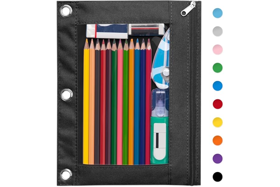 Forvencer Pencil Pouch for 3 Ring Binder, Large Pencil Case Pouch Binder | Zipper Pencil Pouch Pencil Bag with 3 Reinforced Grommets, Pen Bag, Clear Window Pencil Case, Binder Pencil Pouch Box, Black