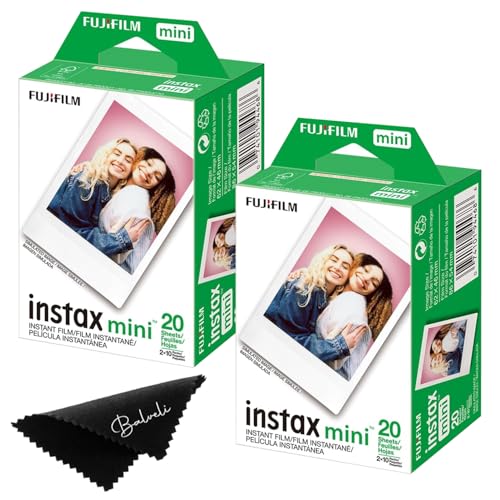 Fujifilm Instax Mini Film Two Instant Film Twin Packs - 40 EXP Total, ISO 800, Compatible to Mini Evo, Mini 12, Mini 11, Mini 40 Bundeld with Premium Balveli Microfiber Cloth