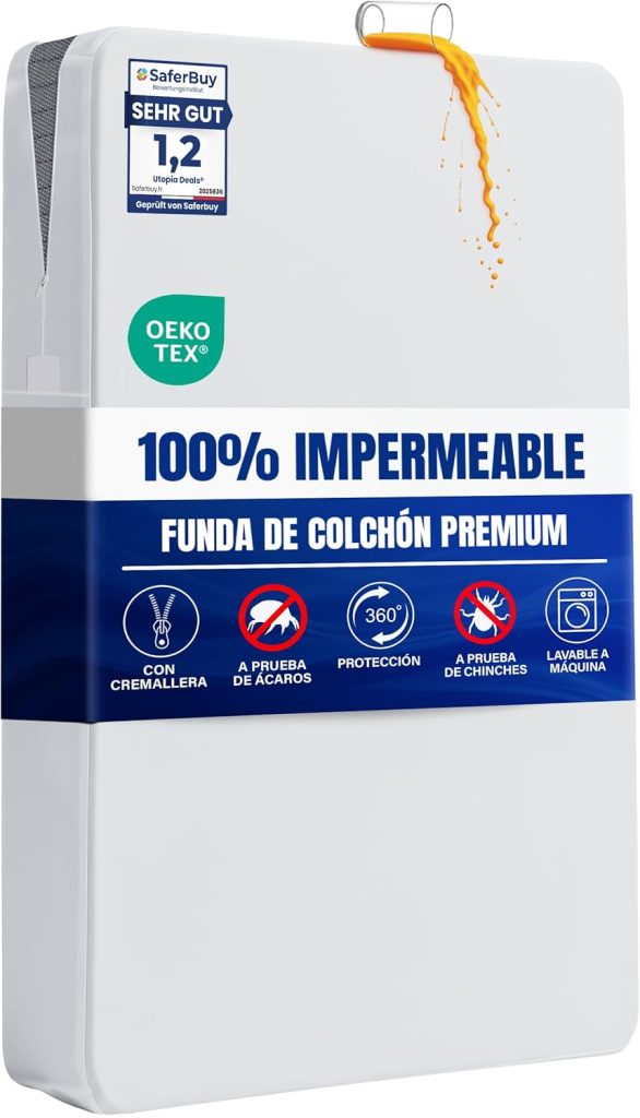Funda Protector de Colchón Impermeable 90 x 190 x 30 cm Cremallera | Protector de Colchón Antiácaros y Antichinches, Certificado Oeko-Tex, con Cierre de Cremallera – Utopia Bedding