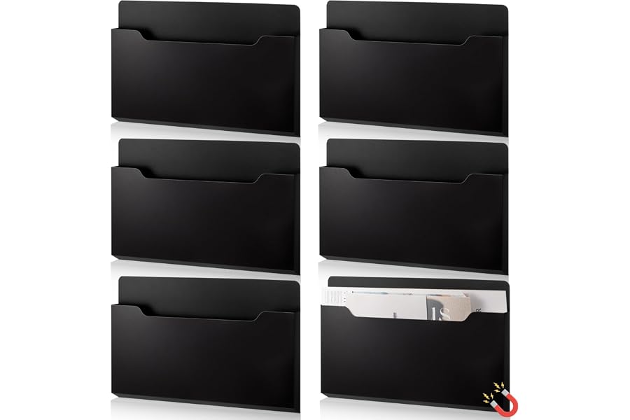 Fuutreo Magnetic Wall File Holder,6pcs,Black,Horizontal-large | Magnetic Organizer Folder for Refrigerator Office, Paper Holder for Mail Letters Magazines, Wall Mount File Pocket