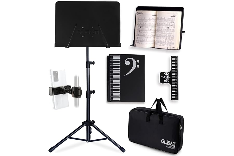 GLEAM Sheet Music Stand - Full Metal with Carrying Bag, Phone Holder, Sheet Music Folder and Clip, 5 in 1 Desktop Book Stand - Black