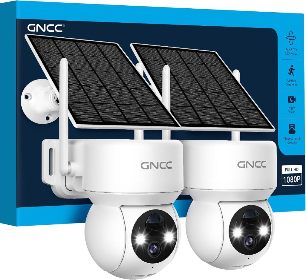 GNCC 2PCS Camara Vigilancia WiFi Exterior Solar con Bateria Sin Cables | 1080p/2MP Visión Nocturna Color, 360° PTZ, Humana Detección de IA, PIR Sirena, Audio Bidireccional