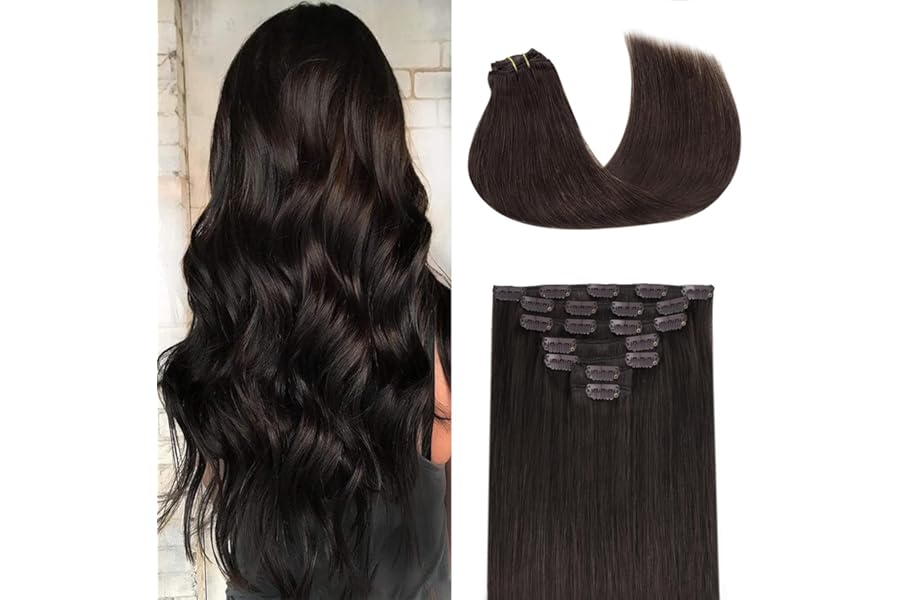 GOO GOO Clip in Hair Extensions Real Human Hair, Remy Human Hair Extensions Clip ins for Women, Natural Human Hair, 20inch 120g 7Pcs, 2 Dark Brown