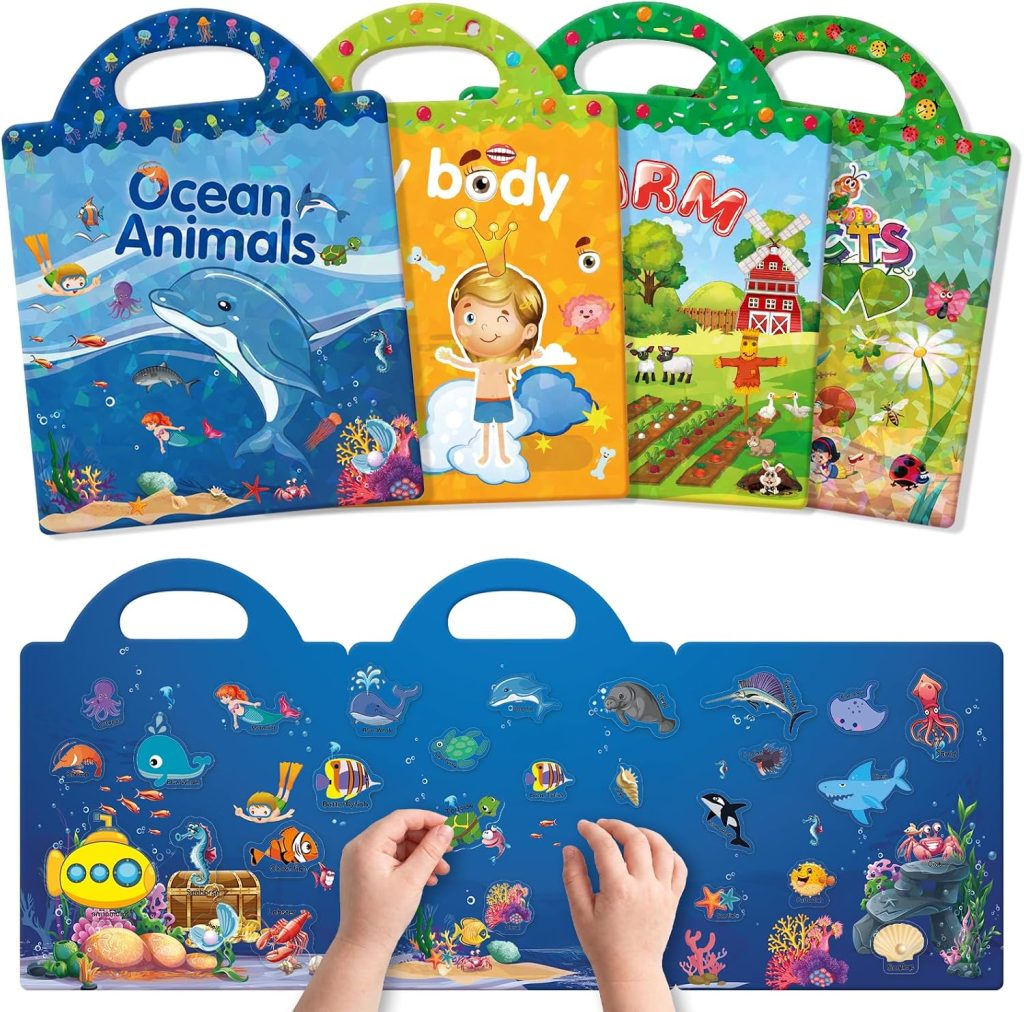 GUYUCOM Libro Pegatinas Infantiles, Pack 4（Cuerpo,Océano,Insecto,Granja） | Sticker Books, Gomets Reutilizables, 3D Transparentes, Juguetes Juegos Regalo para Niños y Niñas 2, 3, 4, 5, 6 Años