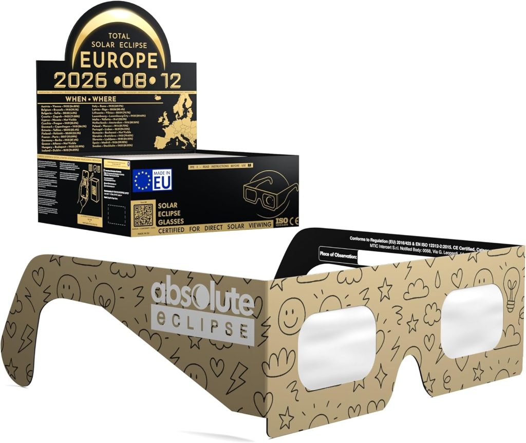 Gafas Eclipse Solar Homologadas ISO 12312-2 CE EPI | Lentes para Eclipse Solar | Fabricante Europeo Reconocido AAS | Eclipse Total España 2026 | ES | Pack de 1