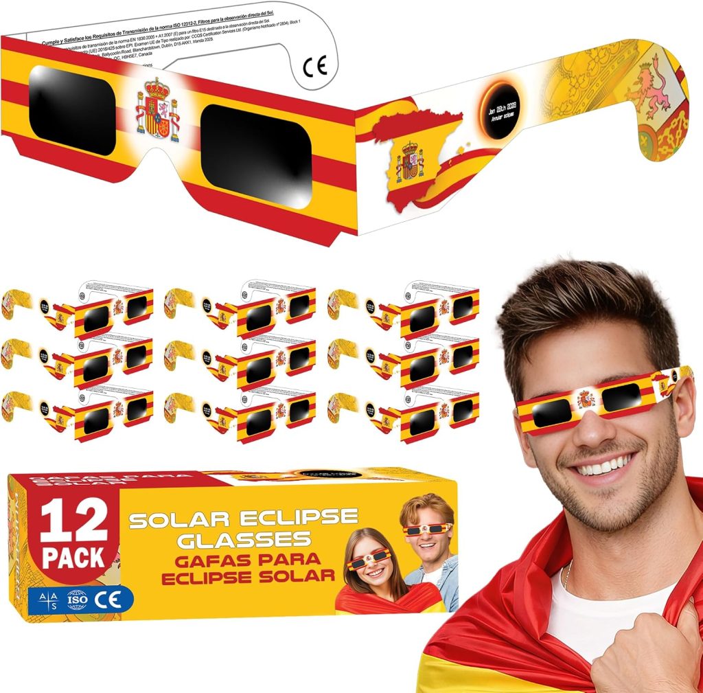 Galaxium Pack de 12 Gafas para Eclipse Solar Temática Española | Seguras para Observación Directa del Eclipse Solar | Certificadas ISO 12312-2