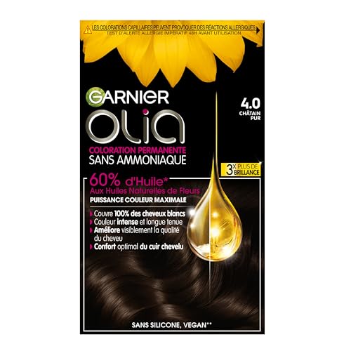 Garnier Coloration Permanente - Sans Ammoniaque - Aux Huiles Naturelles de Fleurs - Châtain Pur (4.0) - Olia | 60% huiles naturelles, Technologie ODS, Couleur longue tenue riche, Soin brillance inclus, Parfum floral