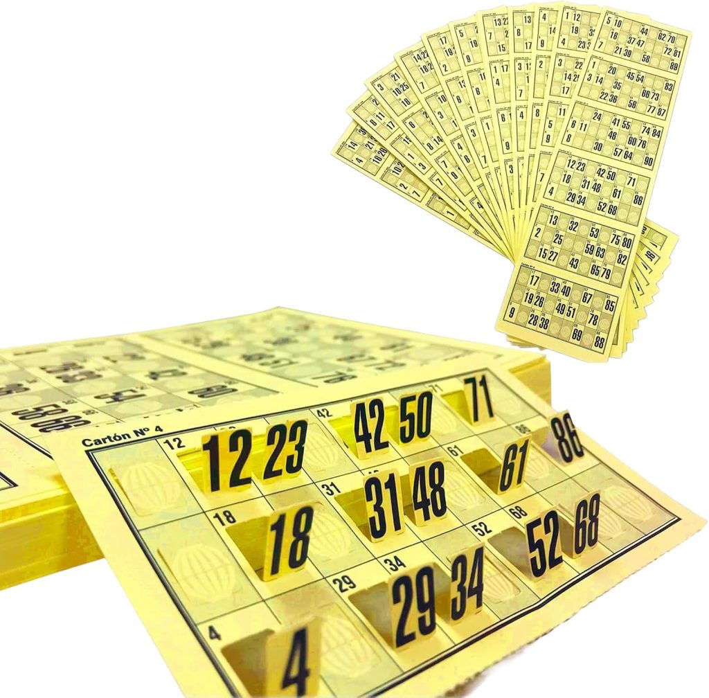 Genérico 960 Cartones Bingo Troquelados Reutilizables 90 Bolas – Cartones de Bingo, Serie Completa Numerada, Juego Tradicional para Eventos y Asociaciones, Pack Completo Listo para Jugar (Amarillo)