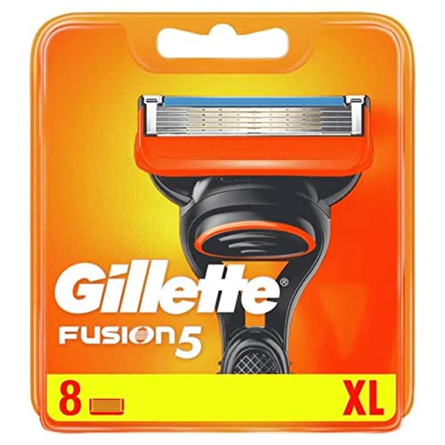 Gillette Fusion 5 Cuchillas de Afeitar Hombre, Paquete de 8 Cuchillas de Recambio (el embalaje puede variar) | Recambios para Maquinillas de Afeitar con 5 Hojas, Banda de Gel Lubricante y Recortadora De Precisión + Pegatina