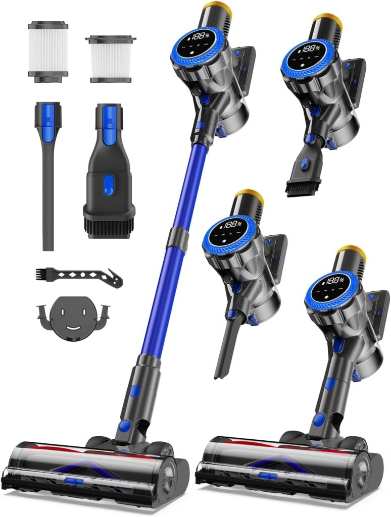 Ginaray Aspirateur Balai sans Fil - 580W Aspirateur Électrique Silencieux Puissant, Aspiration Brosse LED Batterie Rechargeable Cordless Vacuum Cleaner pour Poils d’Animaux Tapis Sols Durs