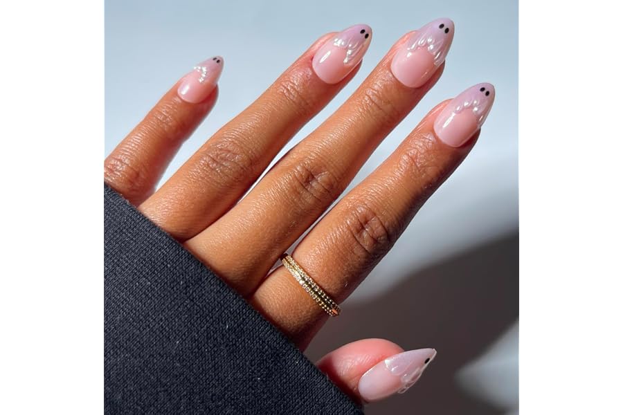 Glamnetic Press On Nails - Short Almond, Glossy Fake Nails 30 Pc Full Kit | Halloween cute ghostly press on nails. Full kit glue-on set. Waterproof, chip-resistant. Up to 2 weeks. 15 sizes, 30 nails