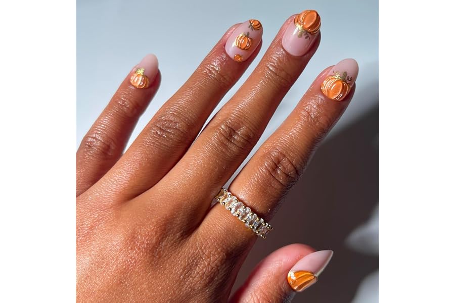 Glamnetic Press On Nails - Short Oval, Velvet Fake Nails 30 Pc Full Kit | Halloween pumpkin press on nails. Full kit glue-on set. Waterproof, chip-resistant. Up to 2 weeks. 15 sizes, 30 press ons