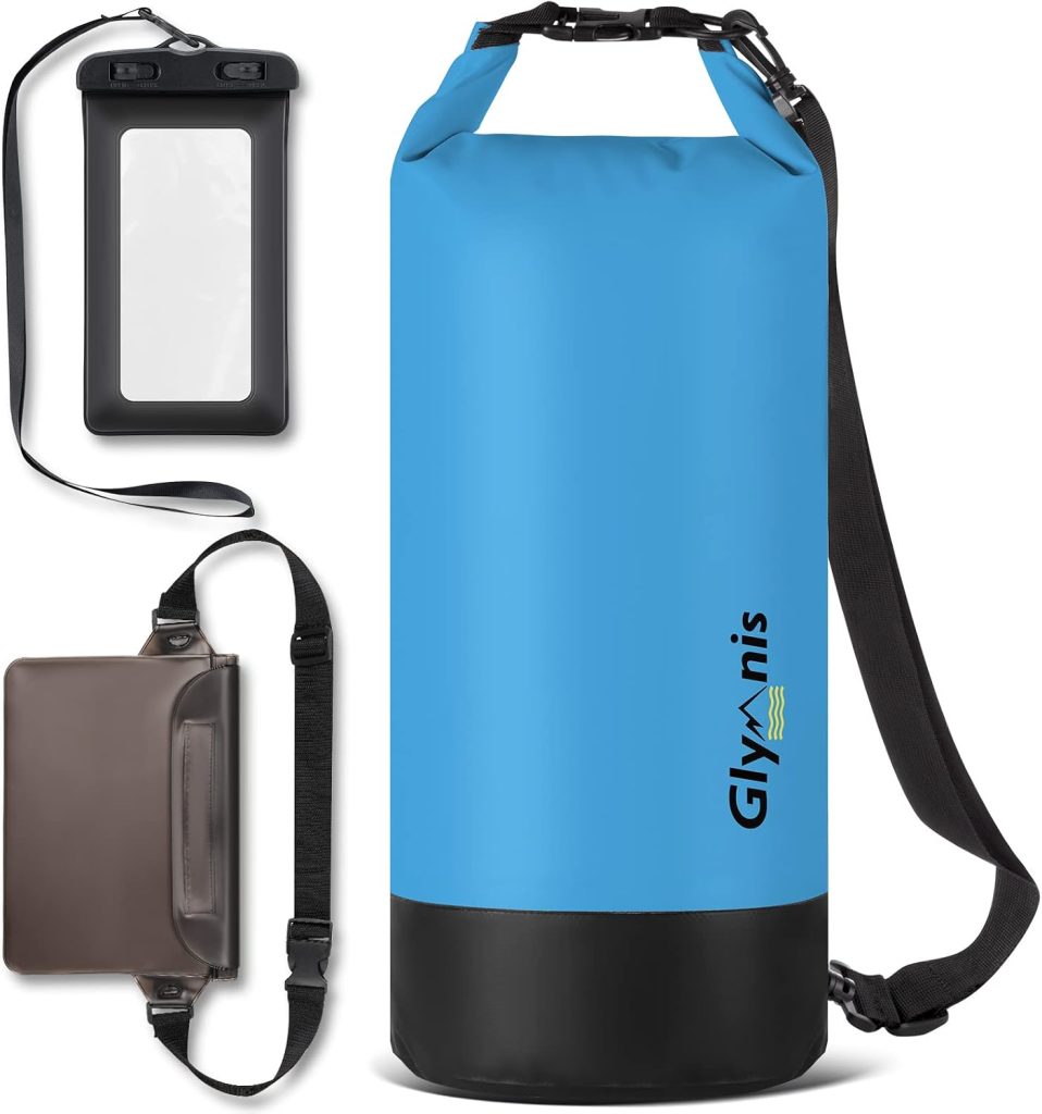 Glymnis Bolsa Estanca Bolsa Impermeable 5 L/10 L/20 L con Bolsa Cintura para Rafting Kayak Playa Senderismo Esquí Pesca Escalada y Camping (Azul, 10 L)