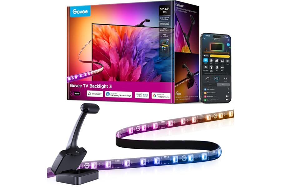 Govee TV Backlight 3 with Dual 4MP Lens, TV Lights Sync to 55-65 Inch TVs | RGBWIC LED Strip Lights for Movie Night, Smart AI