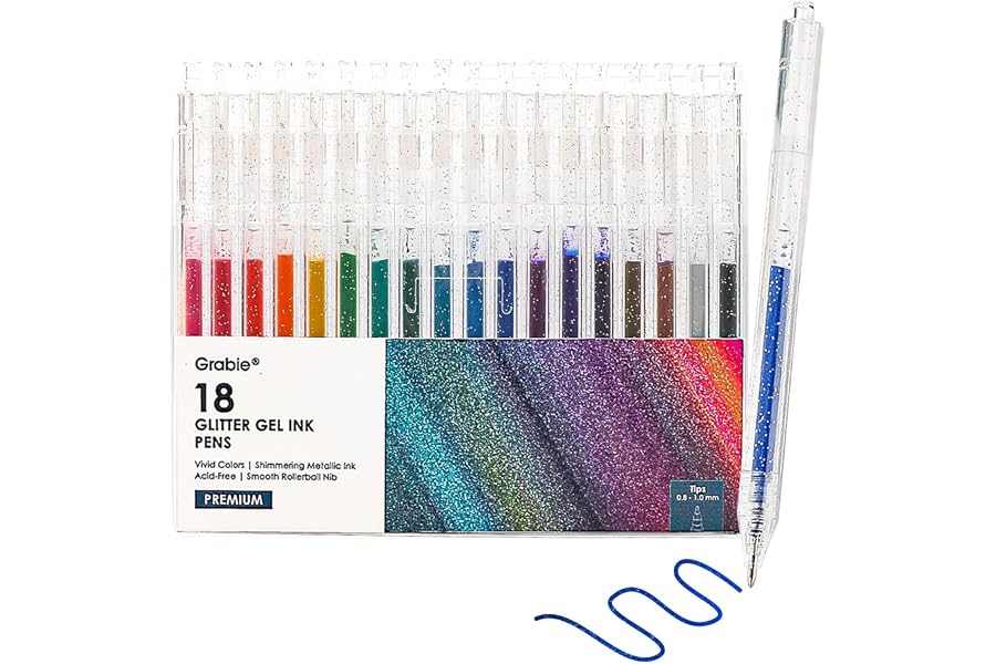 Grabie 18 Color Glitter Gel Pens, Retractable Sparkle Art Pens | Retractable Design, Smooth Gel Ink, Sparkling Finish, Acid Free Ink, Quick Drying, Coloring Books, Journaling, Drawing