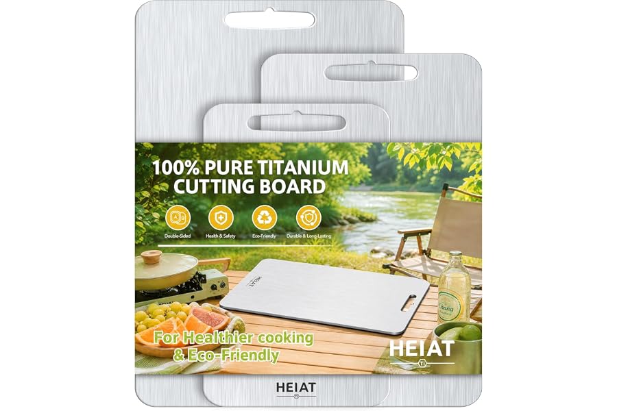 HEIAT 100% Titanium Cutting Board Set of 3, Double-Sided Kitchen Boards | 3-Piece Multi-Size Set One-Piece Pure Titanium Reversible Double-Sided Design Dishwasher Safe Gift-Ready Packaging
