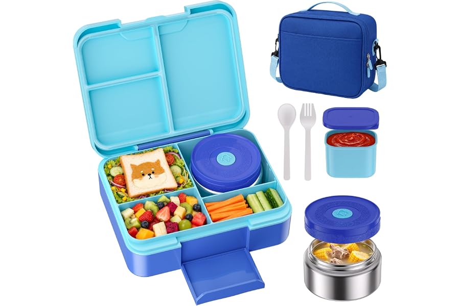 HOMETALL Bento Lunch Box for Kids with 8.5oz Insulated Food Thermo - Leakproof Bento Box Lunch Bags for Ages 3 to 14, Back to School BPA-Free Lunchbox Snack Containers Reusable Daycare Meal Prep,Blue