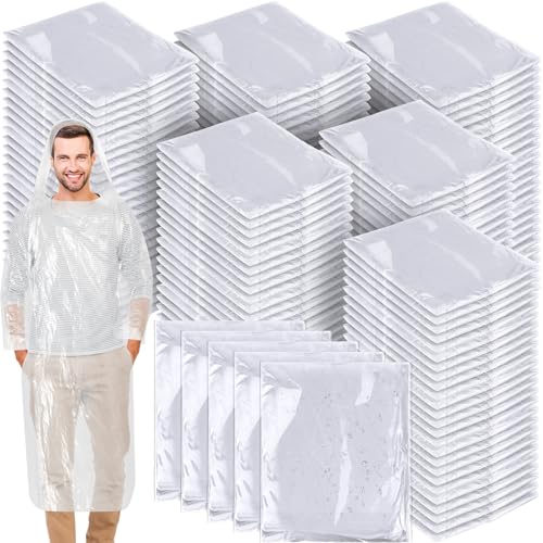 Handepo 150 Pack Disposable Rain Ponchos with Hood, Emergency,White