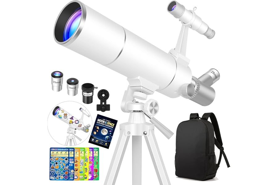 Hawkko Telescope Kit for Kids 8-12, 80mm Aperture 500mm Portable Telescope | Beginner Astronomy Telescope for moon observation with Backpack, 7-themed Decorate Stickers, Moon Booklet and Phone Adapter