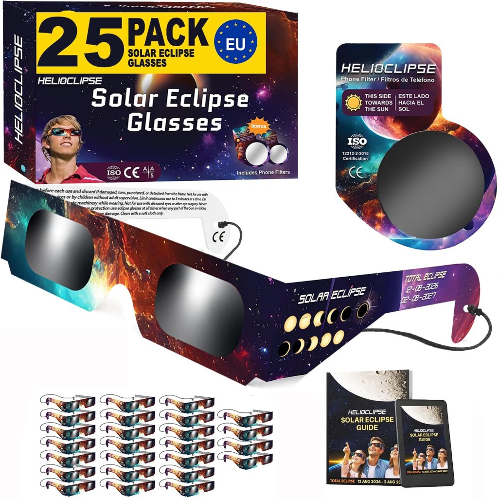 Helioclipse 25x Gafas Eclipse Solar Homologadas ISO 12312-2 2026 - Gafas para Ver Eclipse Solar - Gafas de Eclipse Solar Homologadas - 5x Filtro Solar Móvil