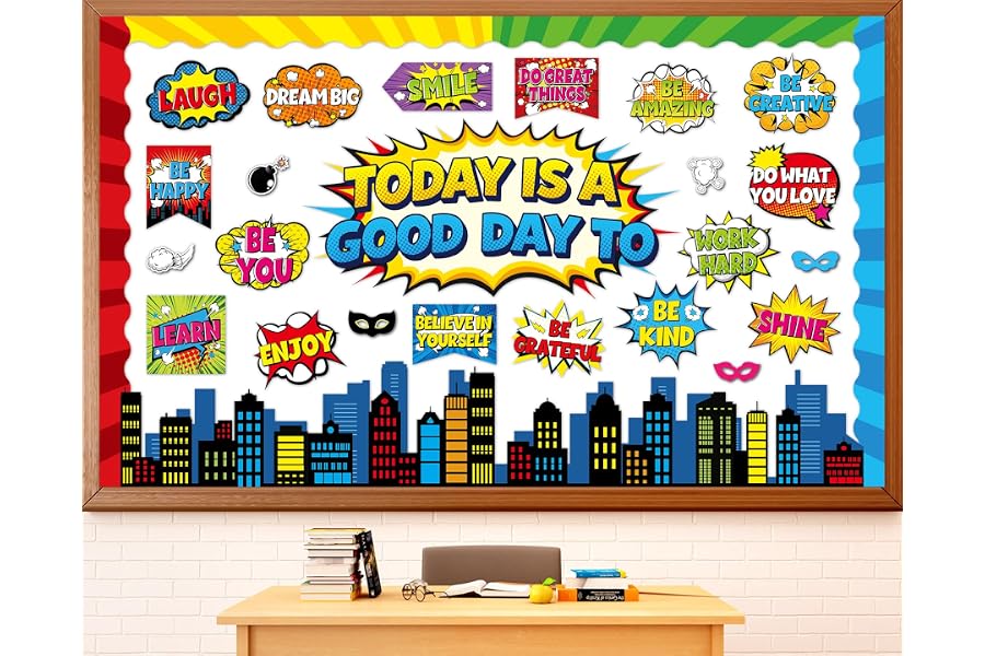 Hero Themed Mental Health Bulletin Board Set Motivational Classroom Decor Today is Good Day Inspirational Affirmation Super Themed Cutouts for Back to School Party Classroom Chalkboard Wall Door Decor