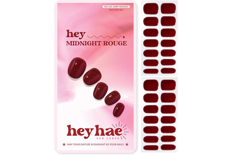 Heyhae Semi Cured Gel Nail Strips - Hey, Midnight Rouge | Red Jelly | Sun Cured No UV Light Needed, Salon Quality, Easy Apply & Remove | 28 Strips, Prep Pad, Nail File, Wooden Stick