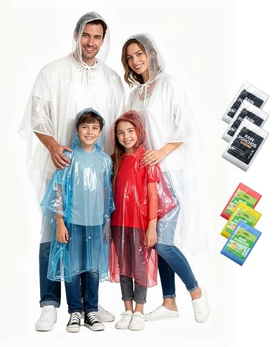 Hitituto Rain Ponchos Family Pack – Disposable Poncho for Kids&Adults with Drawstring Hood, Waterproof, Lightweight & Breathable, Clear & Assorted Colors – Emergency Raincoat for Travel, Theme Parks