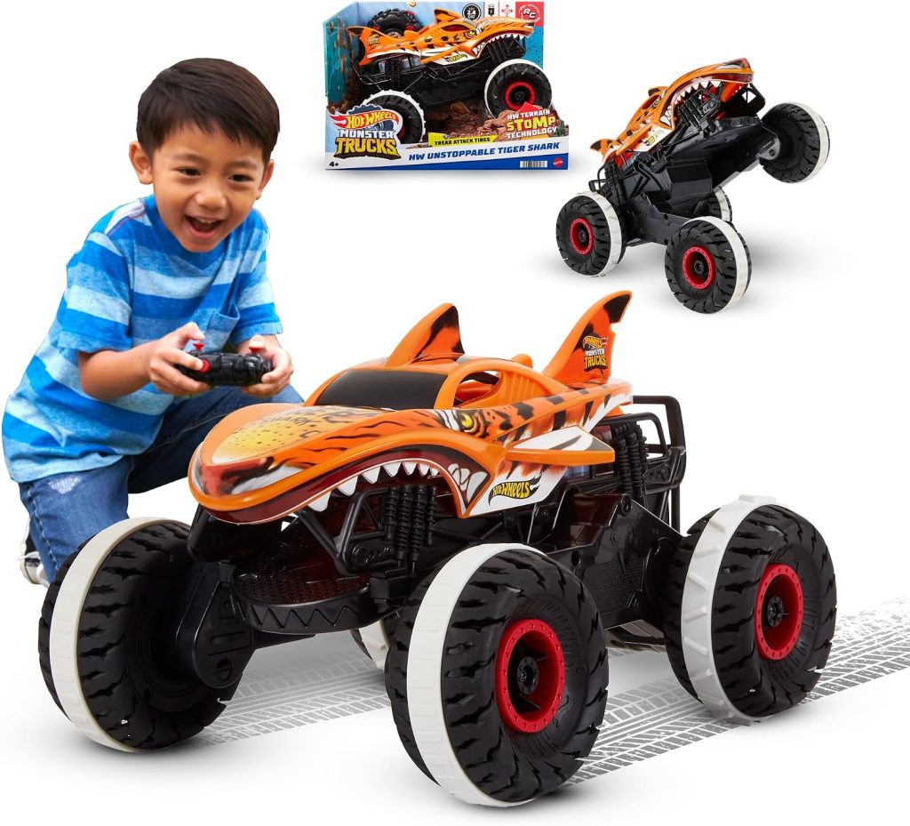 Hot Wheels Monster Trucks Coche Teledirigido, Coche de Juguete Radio Control teledirigido Tiger Shark Unstoppable, vehículo Todoterreno, +3 años, HGV87
