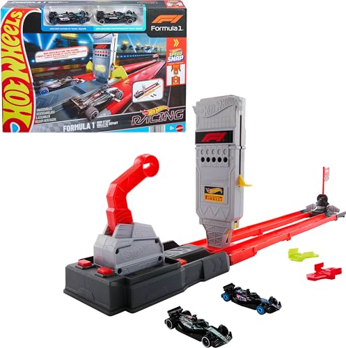 Hot Wheels Racing Formula 1 Grid Start-baanset met 2 auto's | Inclusief 2 officieel gelicentieerde F1 die-cast voertuigen op schaal 1:64 en Speed Snap-baan, zij-aan-zij racen, JKM88