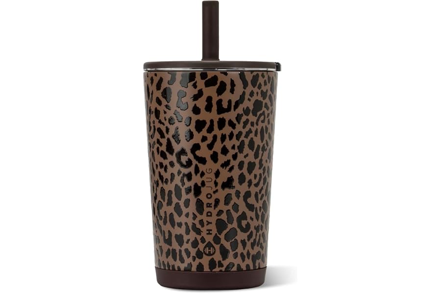 HydroJug Everyday Tumbler 14 oz, Ceramic-Lined Straw Cup, Brown Leopard